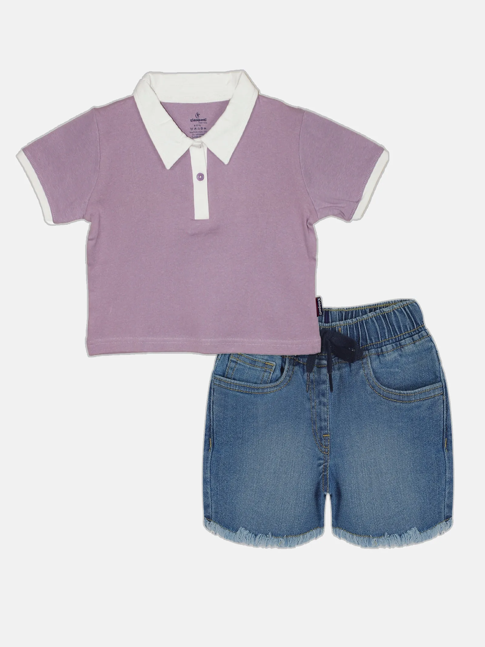 Girls Crop Length Polo tee & Denim Hot Shorts Set