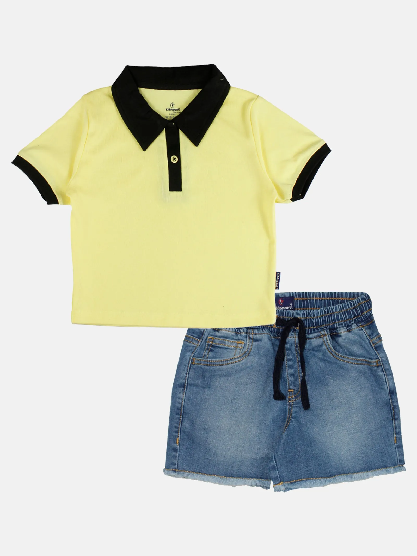 Girls Crop Length Polo tee & Denim Hot Shorts Set