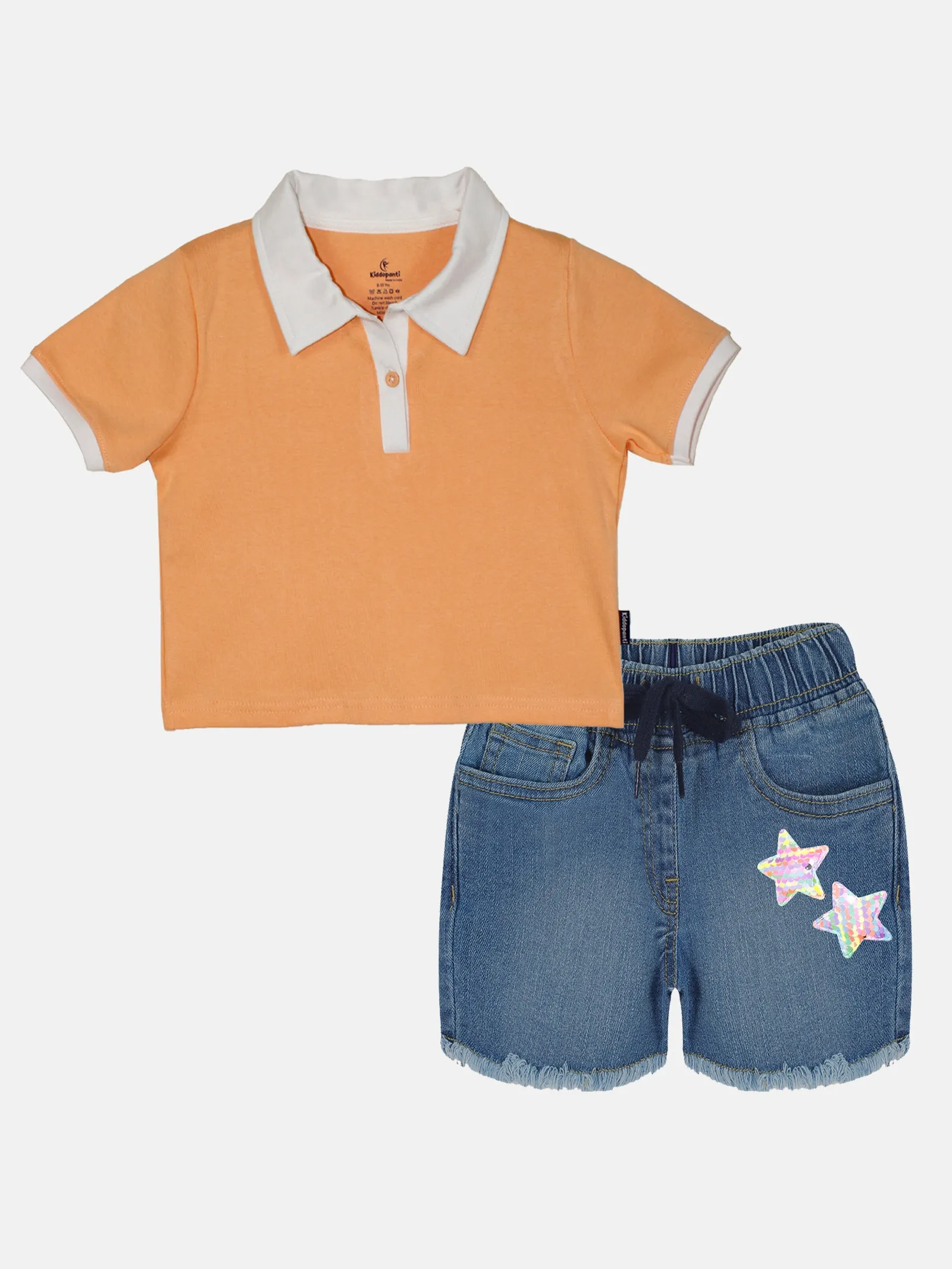 Girls Crop Length Polo tee & Denim Hot Shorts Set