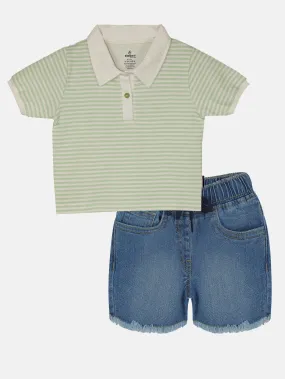 Girls Crop Length Polo tee & Denim Hot Shorts Set