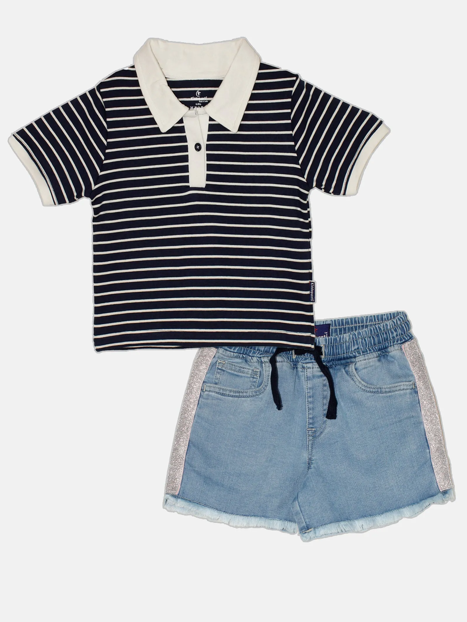 Girls Crop Length Polo tee & Denim Hot Shorts Set