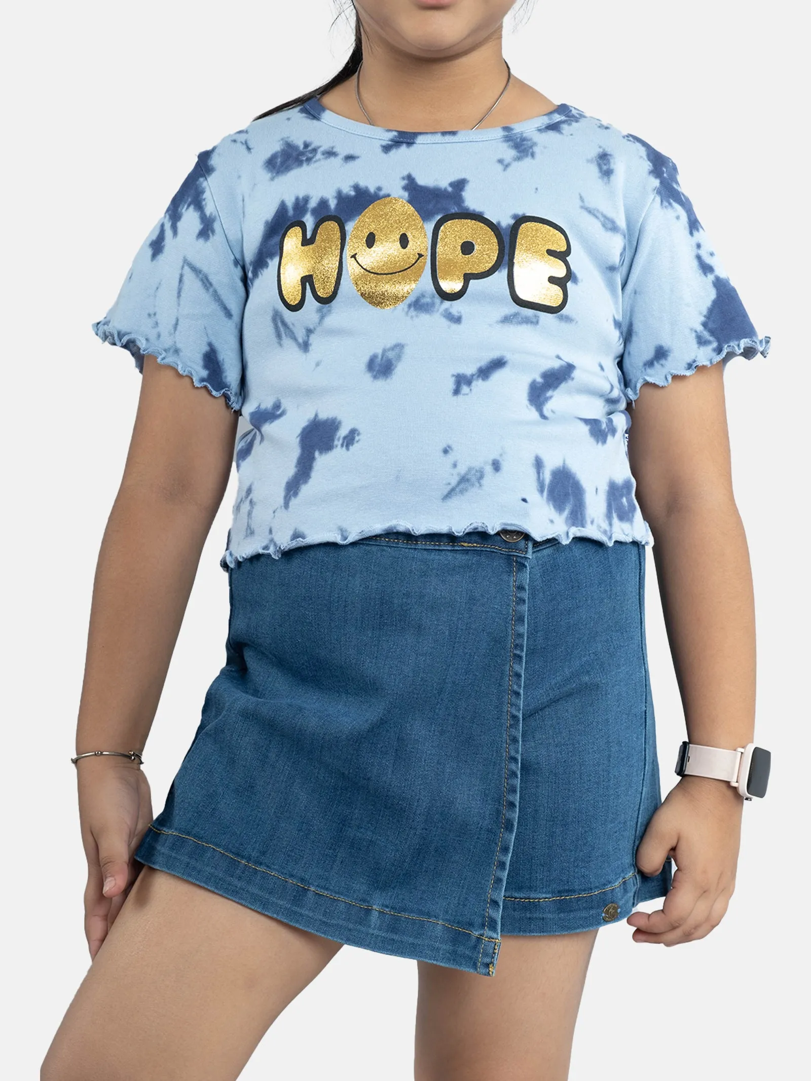 Girls Crop Tie & dye Tee & Denim Over Lap Skorts Sets