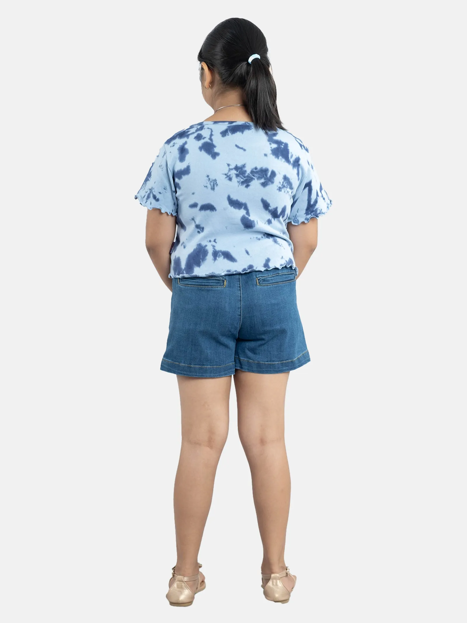 Girls Crop Tie & dye Tee & Denim Over Lap Skorts Sets