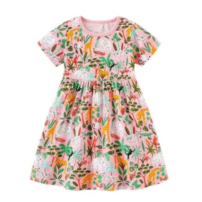 Girls Forest Animals Pattern Short Sleeve Summer Dress