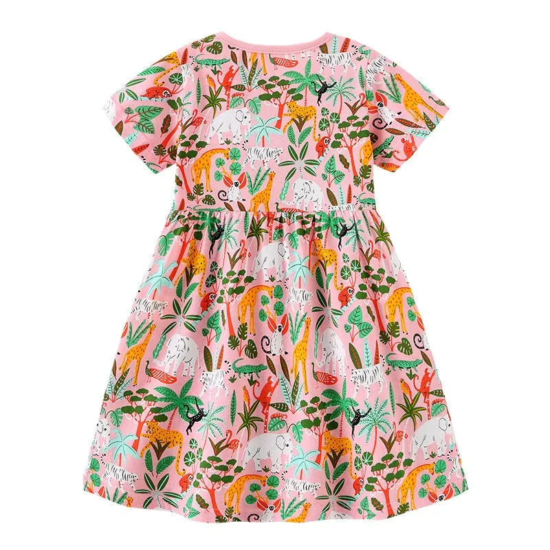 Girls Forest Animals Pattern Short Sleeve Summer Dress