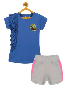 Girls Frill Tee with Badge & Cut & Sew Side Panel Hot Shorts Set