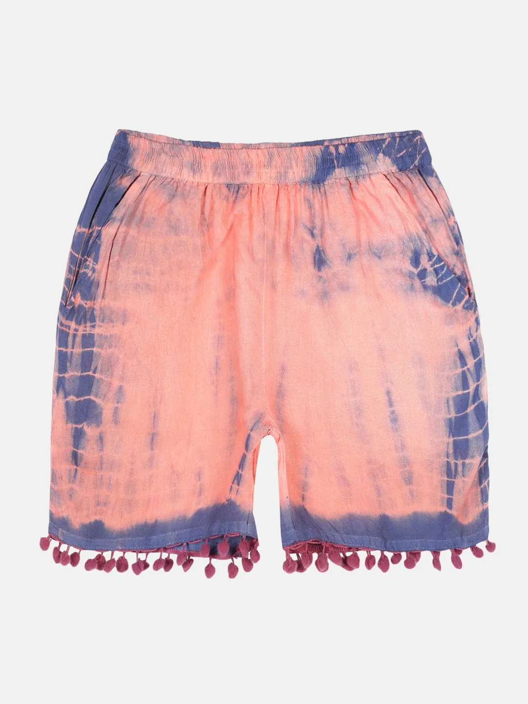 Girls Pom Pom Lace Hem Tie & Dye Shorts