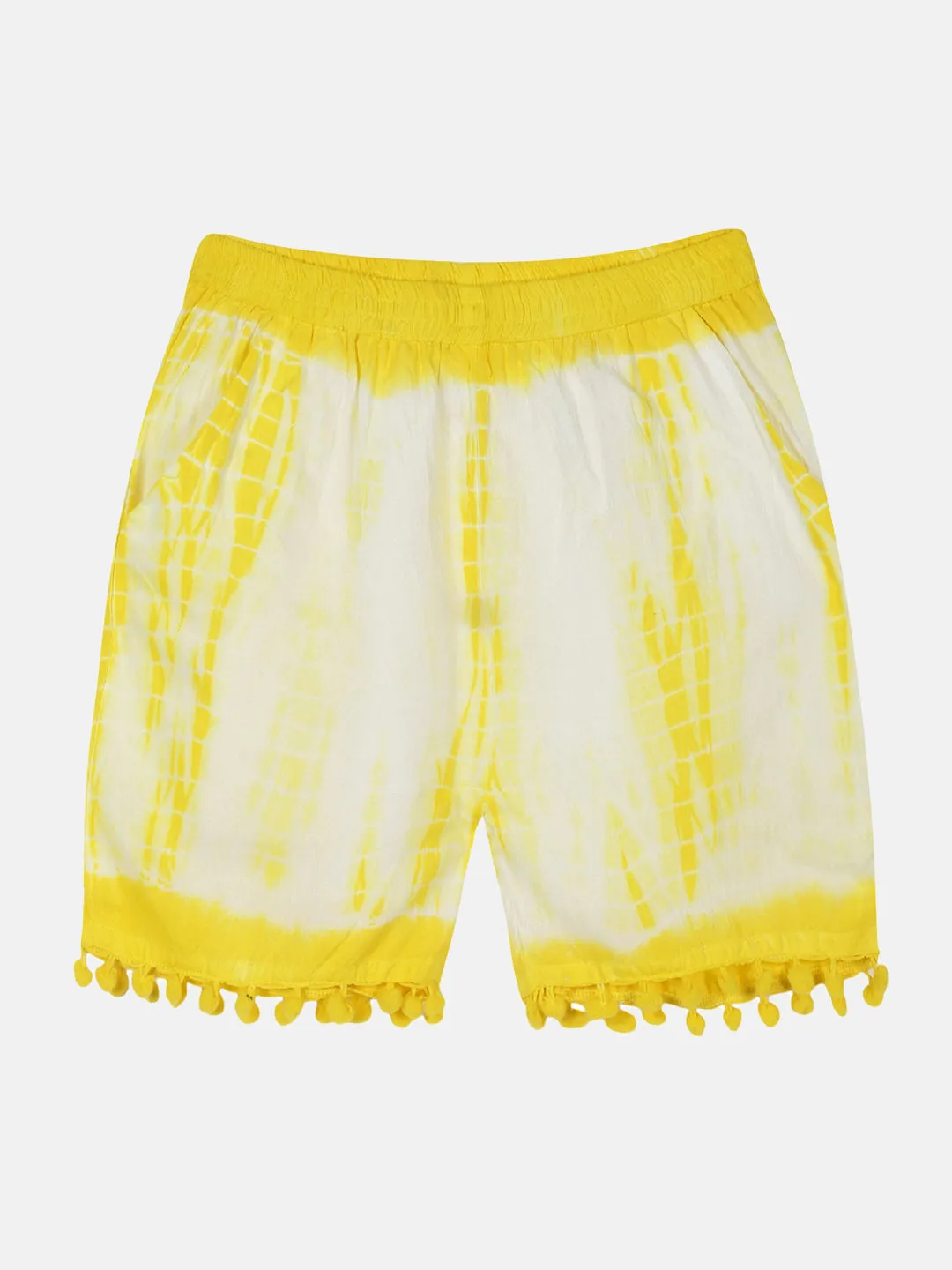 Girls Pom Pom Lace Hem Tie & Dye Shorts