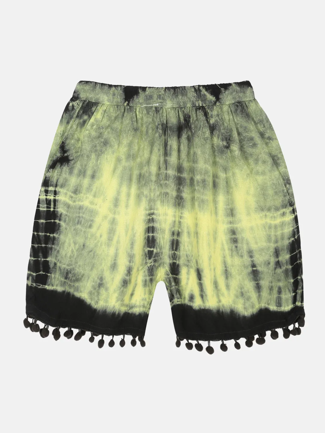 Girls Pom Pom Lace Hem Tie & Dye Shorts