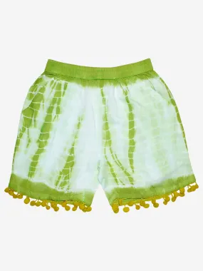 Girls Pom Pom Lace Hem Tie & Dye Shorts