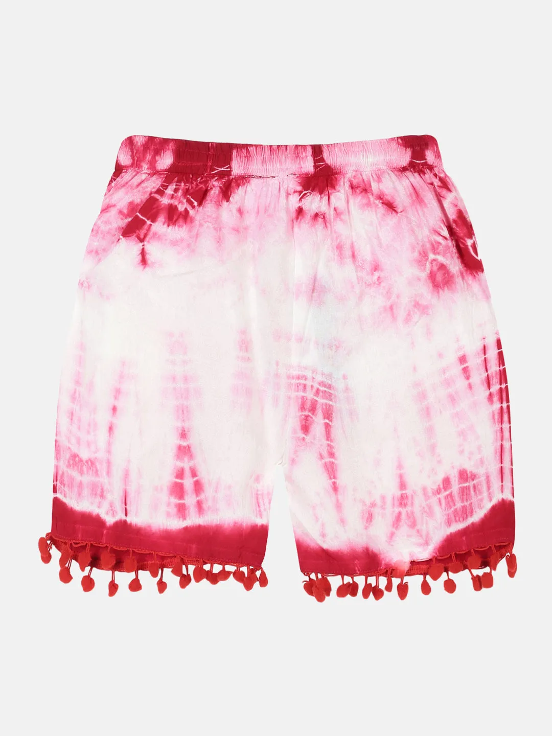 Girls Pom Pom Lace Hem Tie & Dye Shorts