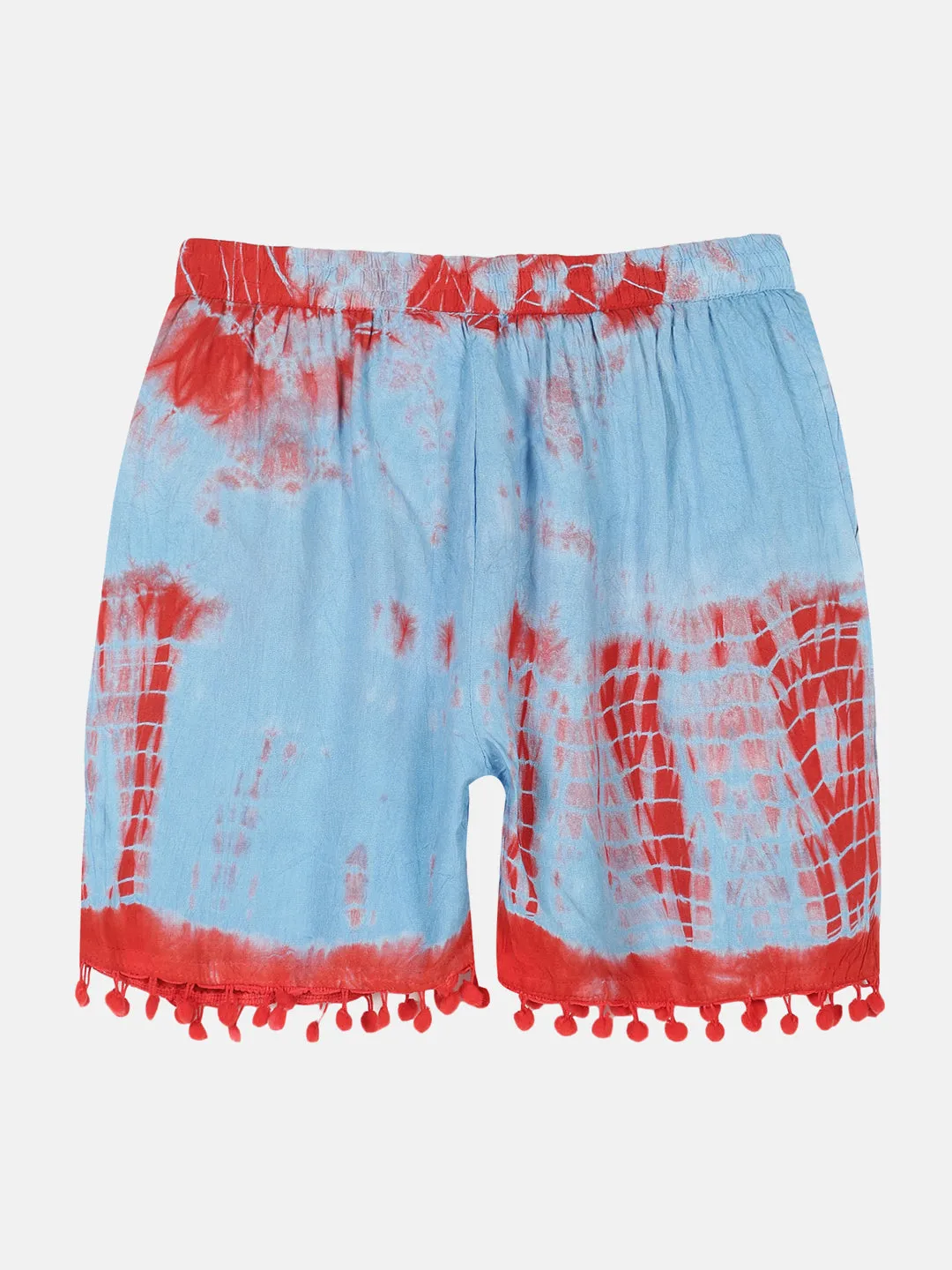 Girls Pom Pom Lace Hem Tie & Dye Shorts