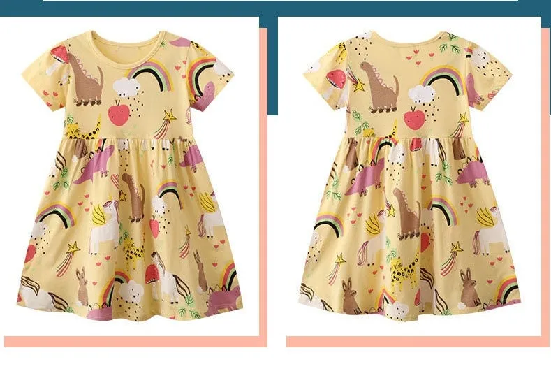 Girls Rainbow & Unicorn Pattern Short Sleeve Dress