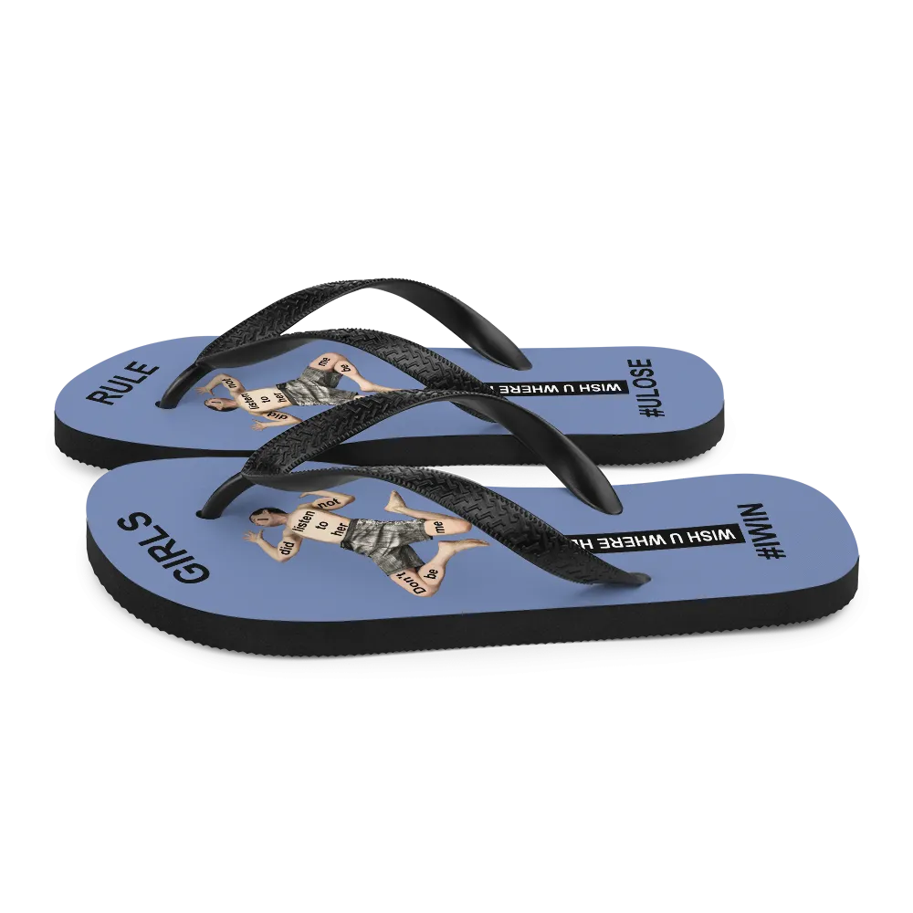 GIRLS RULE flip flops with CRUSHED TINY MAN underfoot blue gray fabric NEW (2020-05-10)