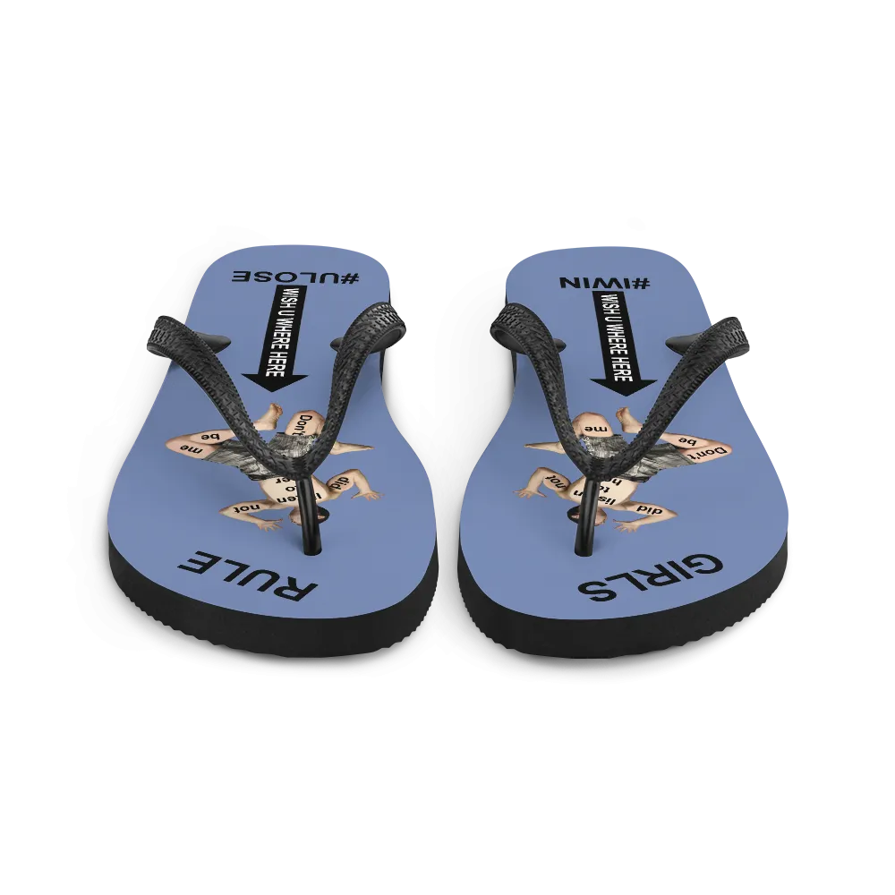 GIRLS RULE flip flops with CRUSHED TINY MAN underfoot blue gray fabric NEW (2020-05-10)