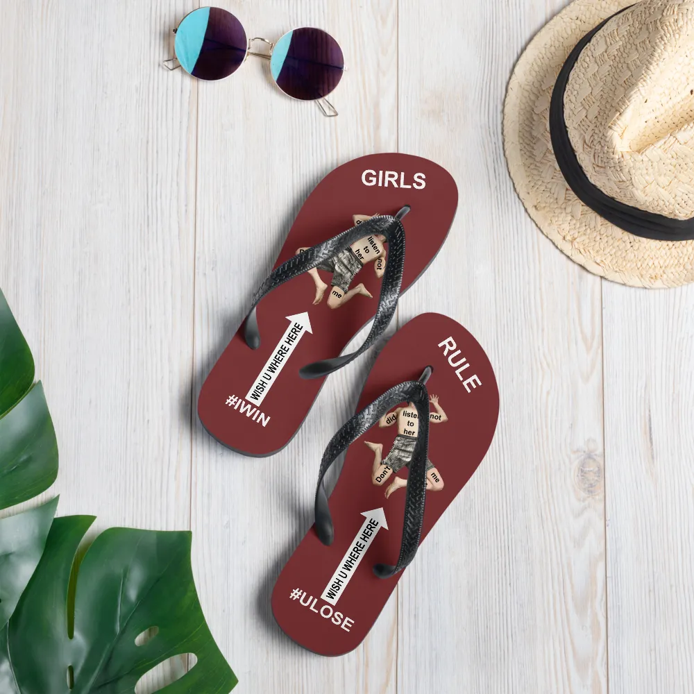 GIRLS RULE flip flops with CRUSHED TINY MAN underfoot burgundy fabric NEW (2020-05-10)