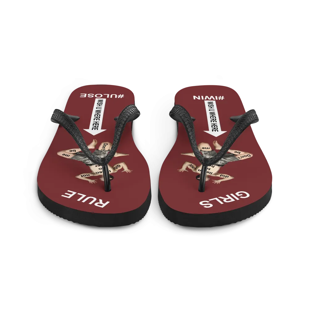 GIRLS RULE flip flops with CRUSHED TINY MAN underfoot burgundy fabric NEW (2020-05-10)