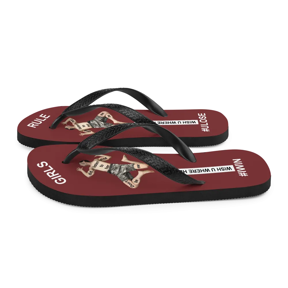 GIRLS RULE flip flops with CRUSHED TINY MAN underfoot burgundy fabric NEW (2020-05-10)