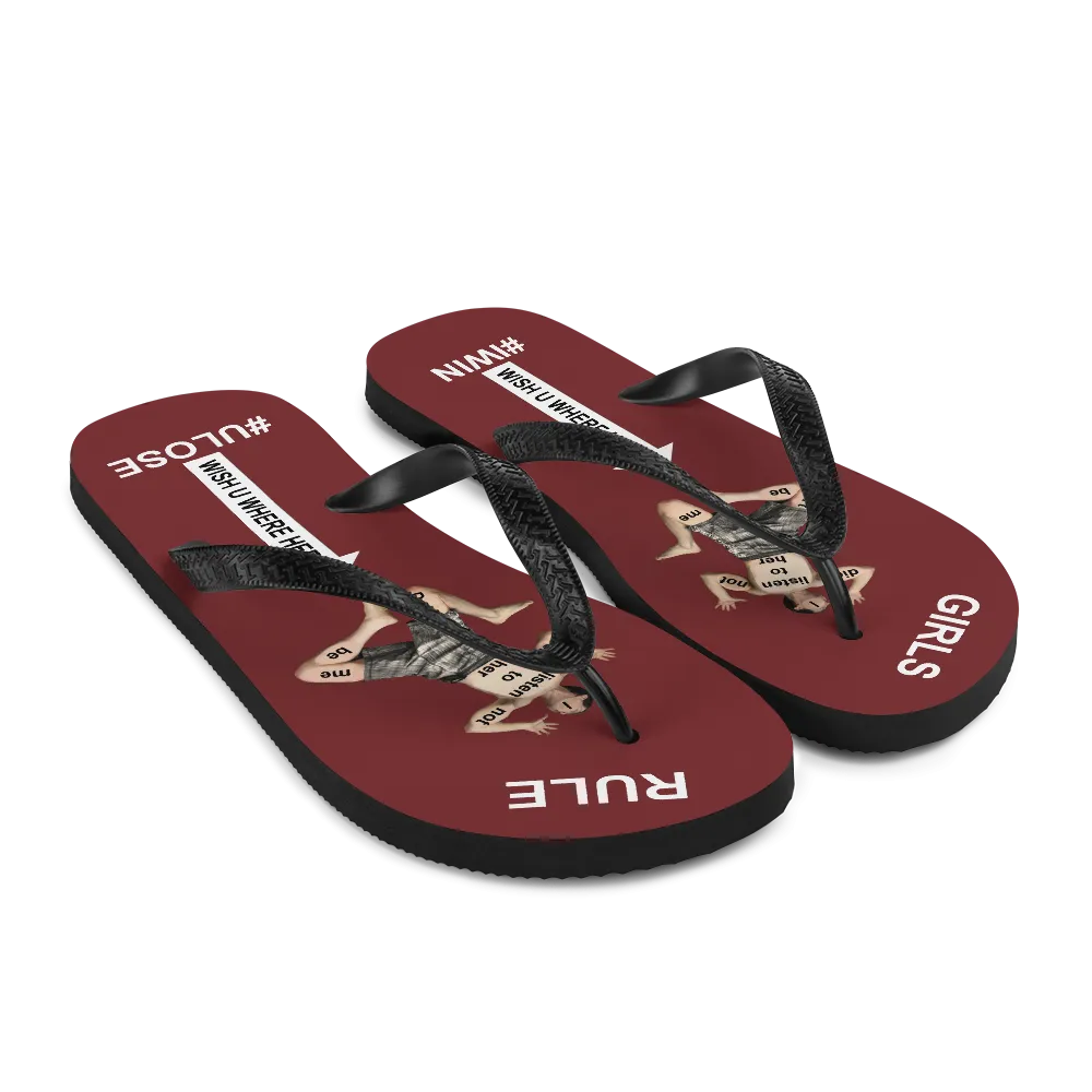 GIRLS RULE flip flops with CRUSHED TINY MAN underfoot burgundy fabric NEW (2020-05-10)