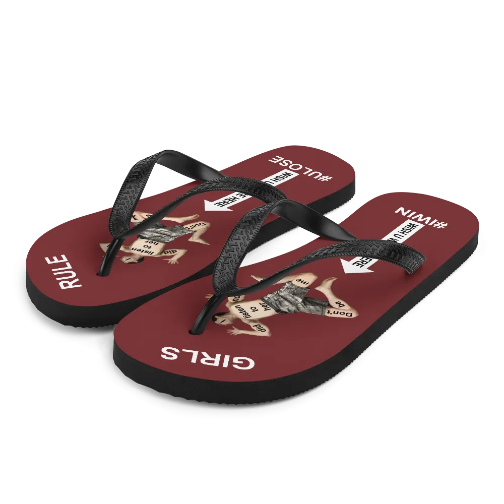 GIRLS RULE flip flops with CRUSHED TINY MAN underfoot burgundy fabric NEW (2020-05-10)