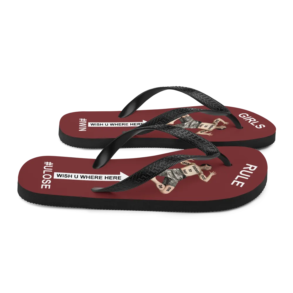 GIRLS RULE flip flops with CRUSHED TINY MAN underfoot burgundy fabric NEW (2020-05-10)