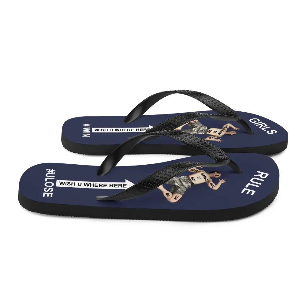 GIRLS RULE flip flops with CRUSHED TINY MAN underfoot midnight blue fabric NEW (2020-05-10)