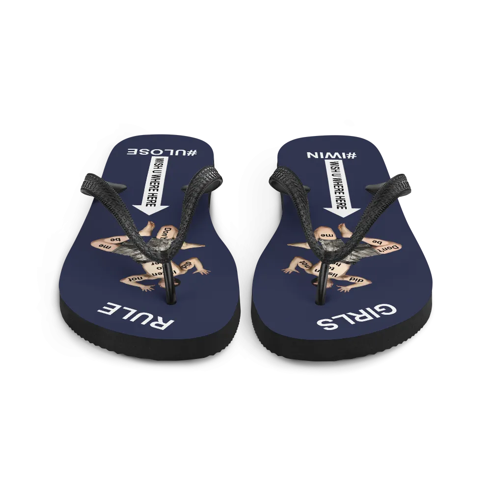 GIRLS RULE flip flops with CRUSHED TINY MAN underfoot midnight blue fabric NEW (2020-05-10)