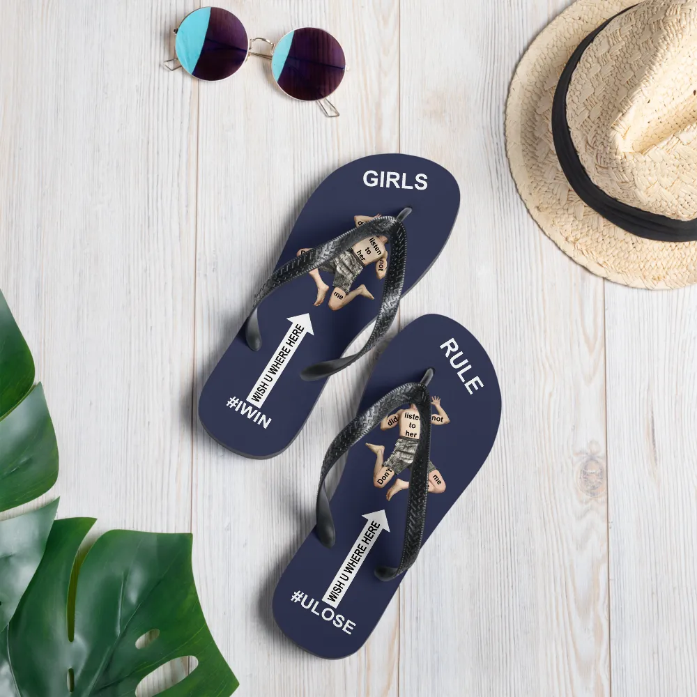 GIRLS RULE flip flops with CRUSHED TINY MAN underfoot midnight blue fabric NEW (2020-05-10)