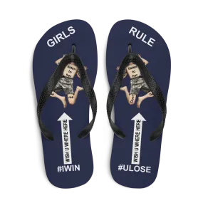 GIRLS RULE flip flops with CRUSHED TINY MAN underfoot midnight blue fabric NEW (2020-05-10)