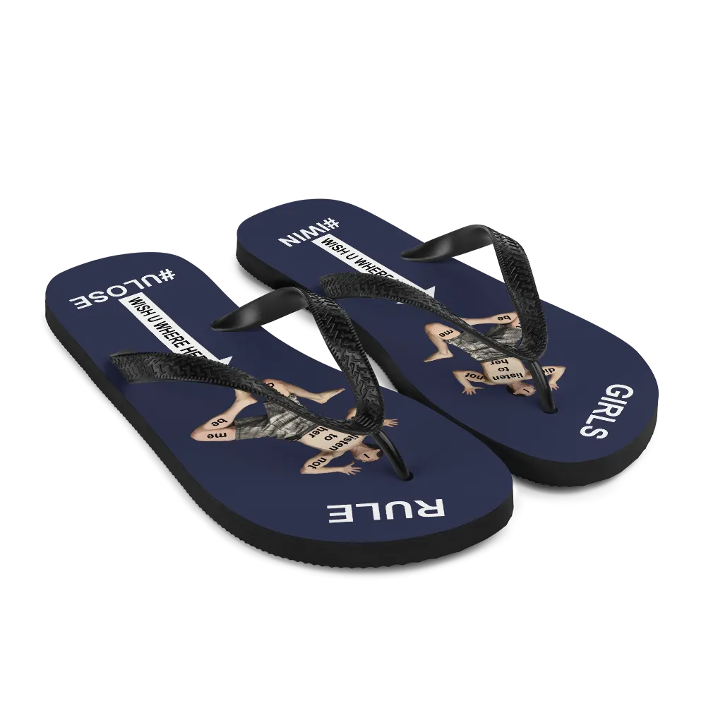 GIRLS RULE flip flops with CRUSHED TINY MAN underfoot midnight blue fabric NEW (2020-05-10)