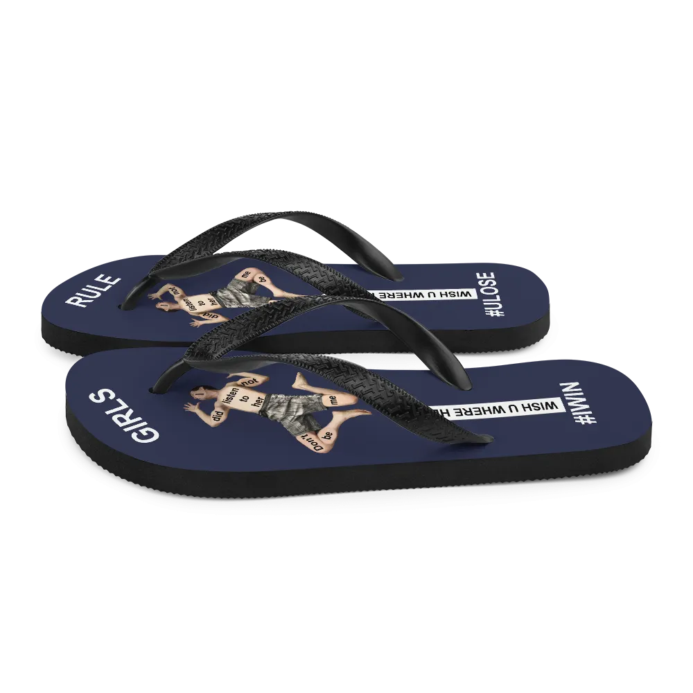 GIRLS RULE flip flops with CRUSHED TINY MAN underfoot midnight blue fabric NEW (2020-05-10)