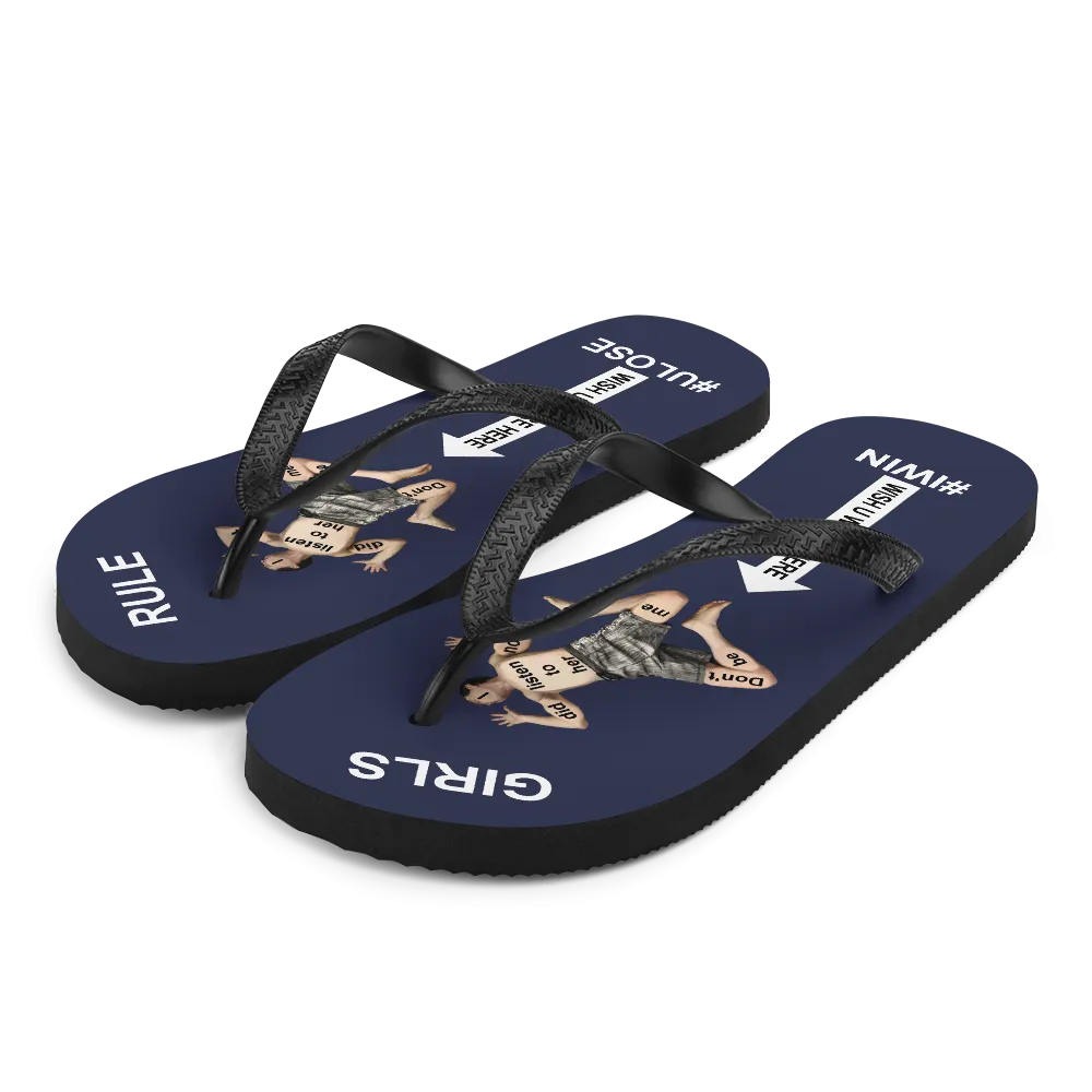 GIRLS RULE flip flops with CRUSHED TINY MAN underfoot midnight blue fabric NEW (2020-05-10)