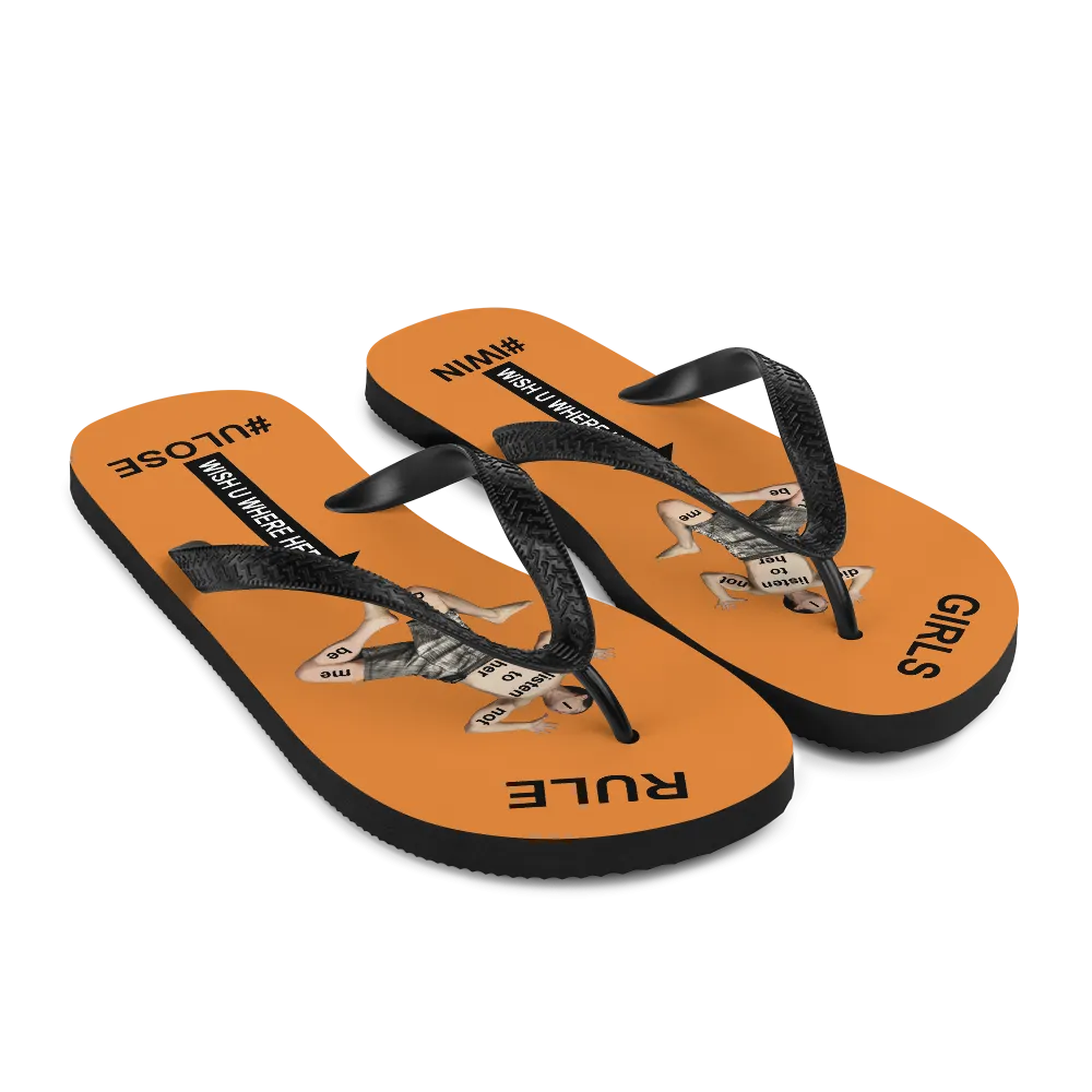 GIRLS RULE flip flops with CRUSHED TINY MAN underfoot orange fabric NEW (2020-05-10)