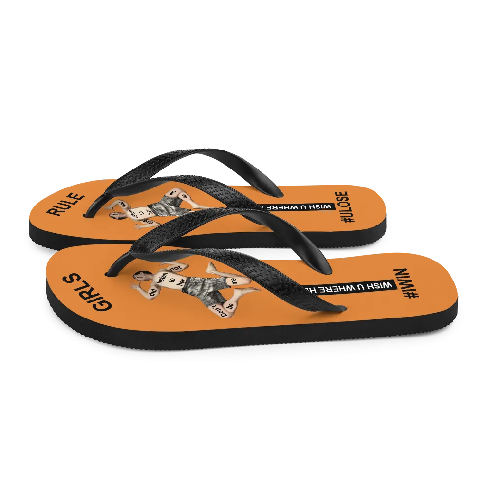 GIRLS RULE flip flops with CRUSHED TINY MAN underfoot orange fabric NEW (2020-05-10)