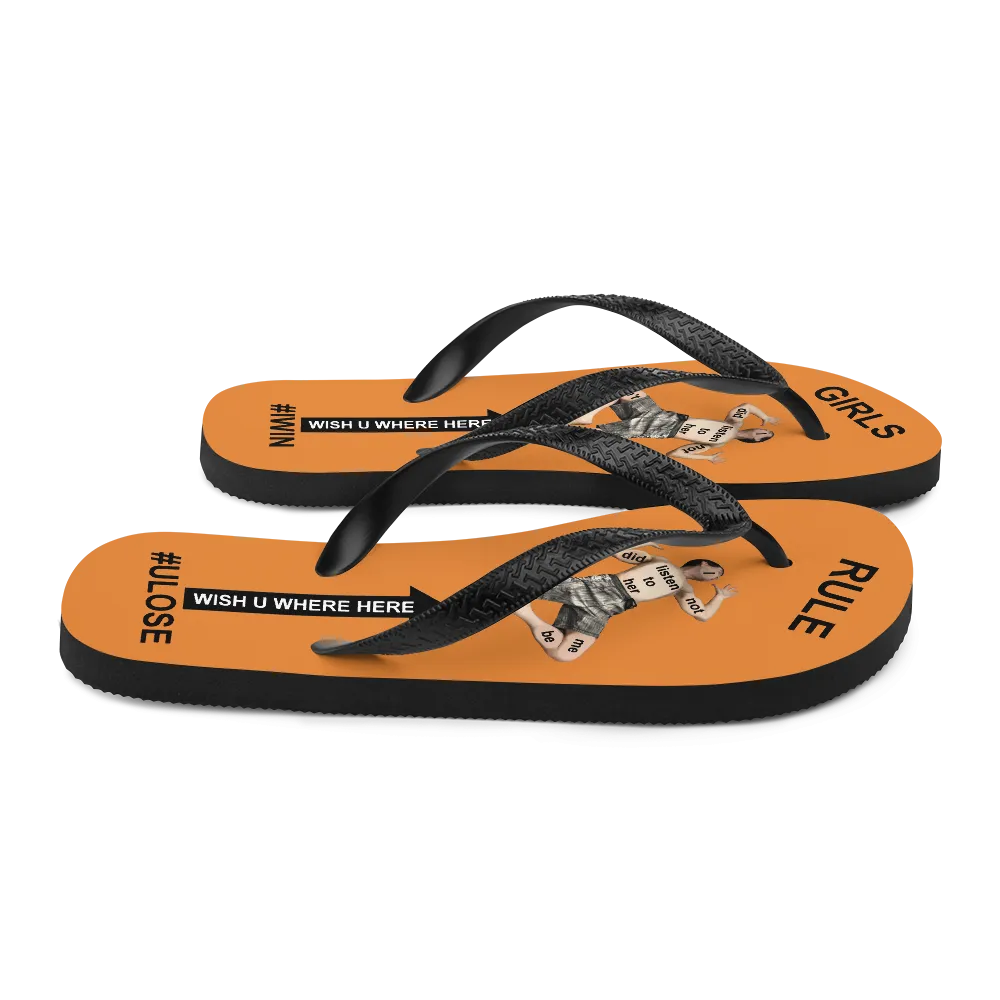 GIRLS RULE flip flops with CRUSHED TINY MAN underfoot orange fabric NEW (2020-05-10)