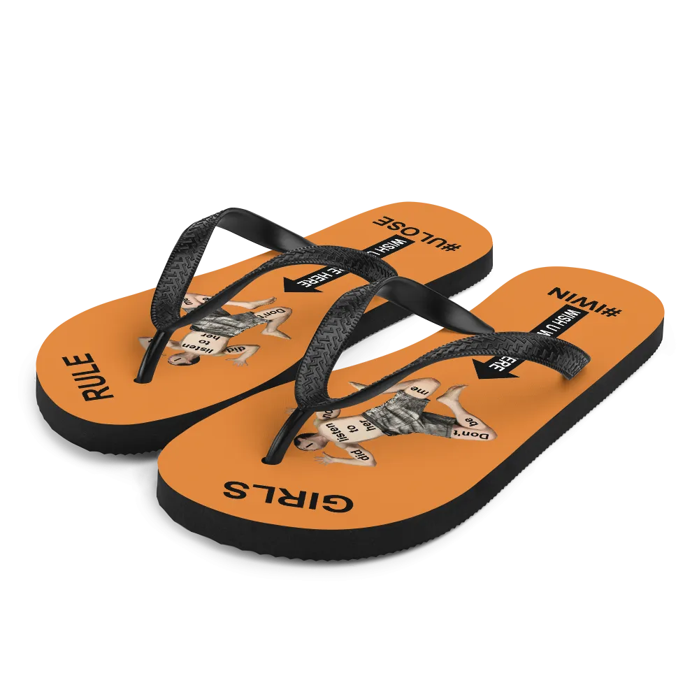 GIRLS RULE flip flops with CRUSHED TINY MAN underfoot orange fabric NEW (2020-05-10)