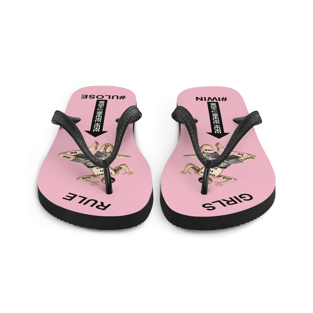 GIRLS RULE flip flops with CRUSHED TINY MAN underfoot pale pink fabric NEW (2020-05-10)