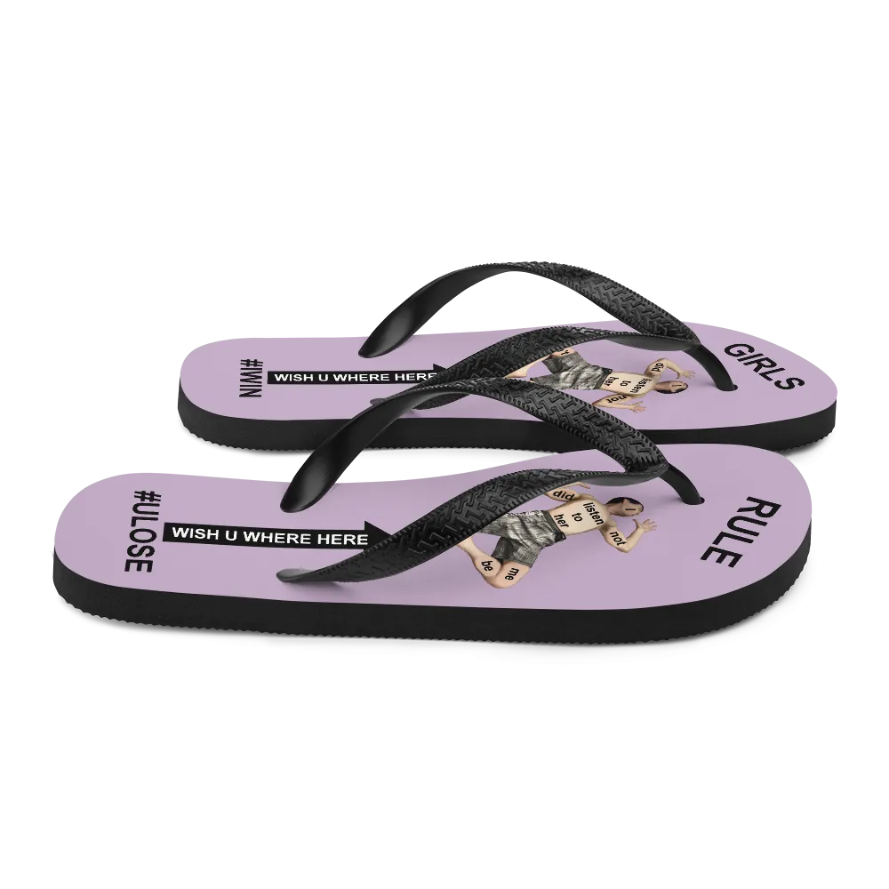 GIRLS RULE flip flops with CRUSHED TINY MAN underfoot pale purple fabric NEW (2020-05-10)