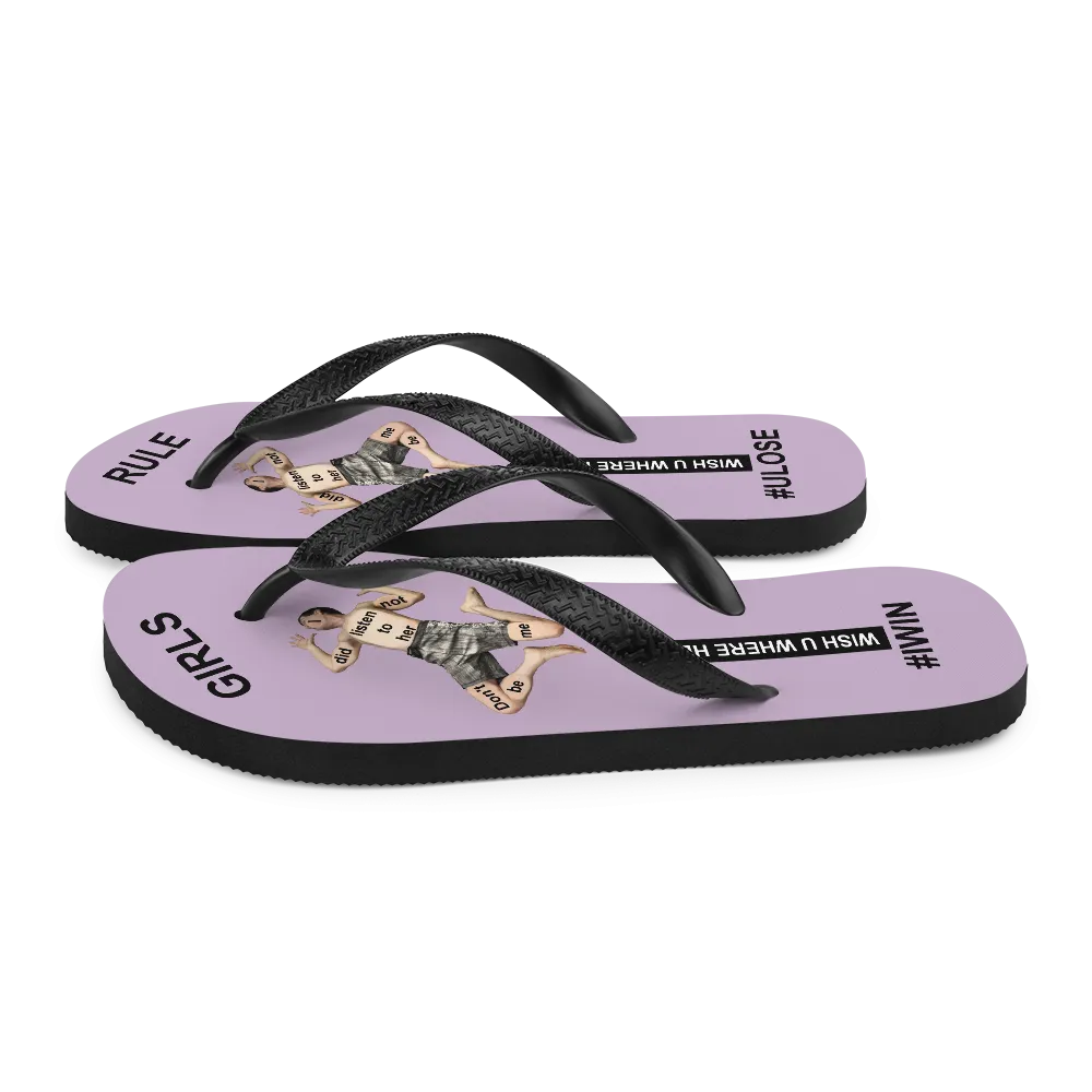 GIRLS RULE flip flops with CRUSHED TINY MAN underfoot pale purple fabric NEW (2020-05-10)