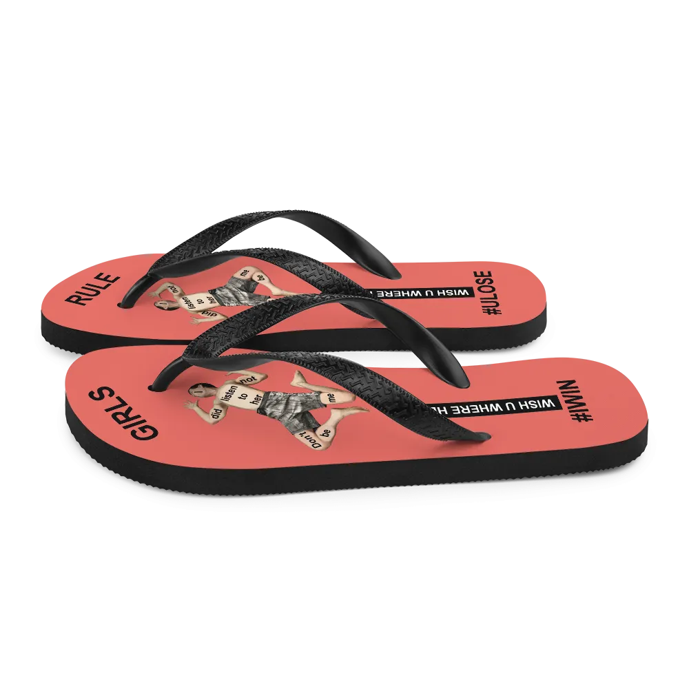 GIRLS RULE flip flops with CRUSHED TINY MAN underfoot salmon fabric NEW (2020-05-10)