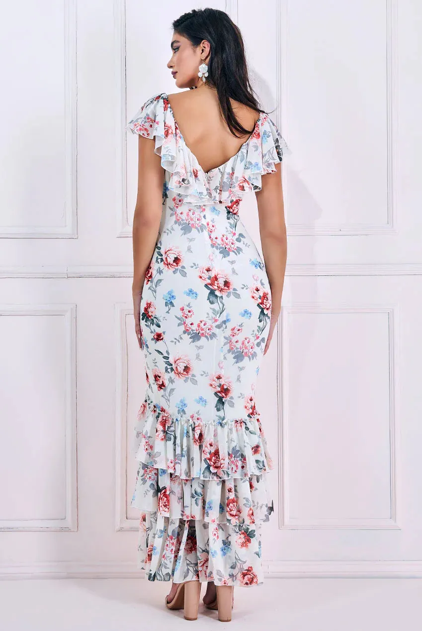 Goddiva Floral Printed Chiffon Ruffle Maxi Dress