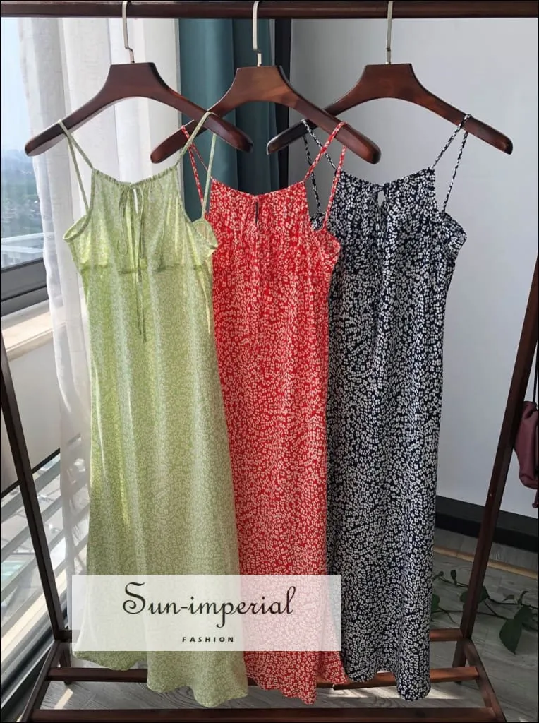 Green Floral Print Sling Cami Midi Dress Ruched Bust Center Lace Slim Dress