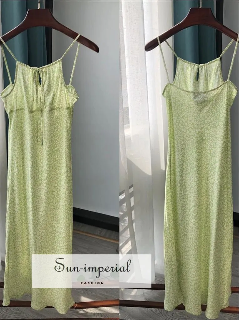 Green Floral Print Sling Cami Midi Dress Ruched Bust Center Lace Slim Dress