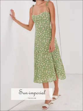 Green Floral Tie Strap Split front Corset Style Midi Dress