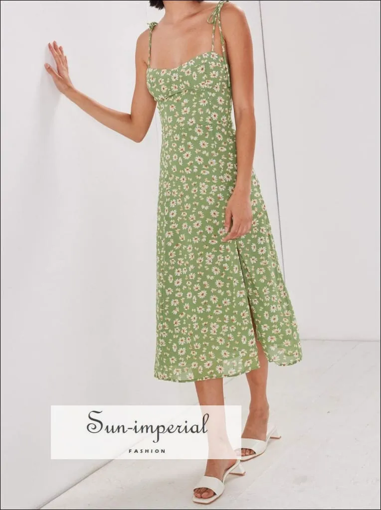 Green Floral Tie Strap Split front Corset Style Midi Dress