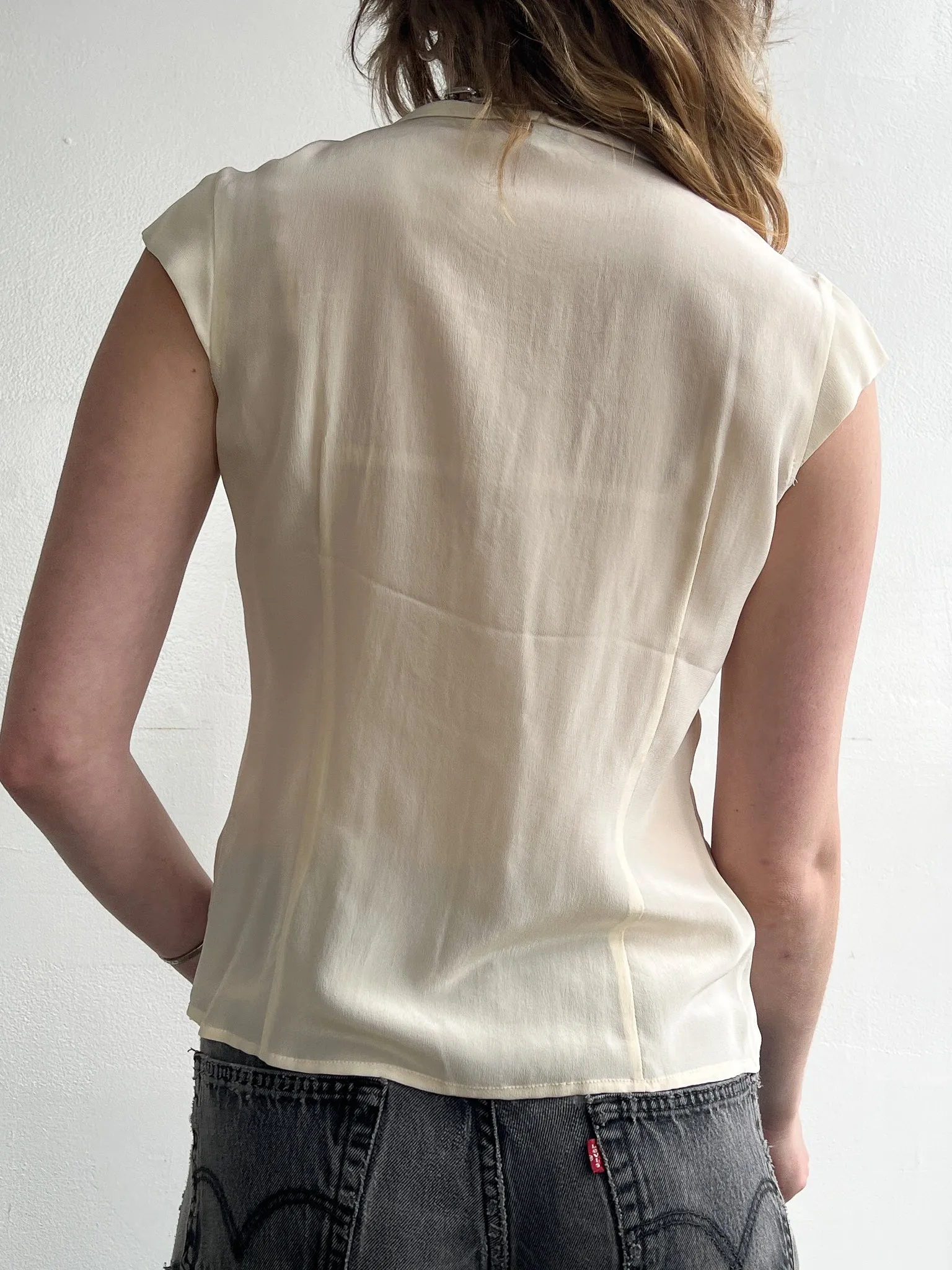 Lace Cream Silk Cap Sleeve Top (M)