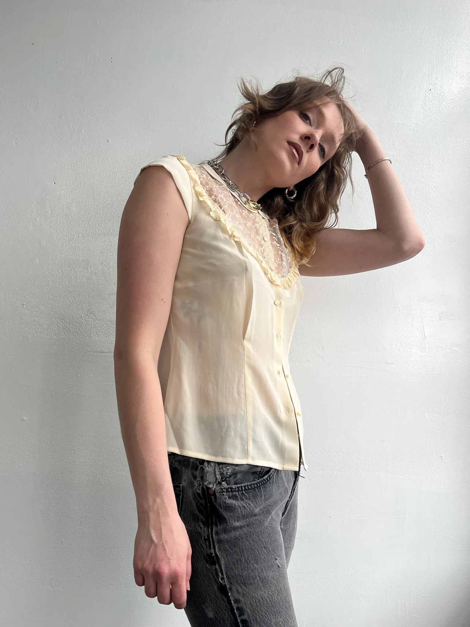 Lace Cream Silk Cap Sleeve Top (M)