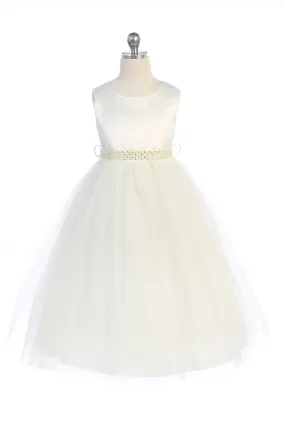 Pearl Rhinestone Satin & Tulle Girls Dress