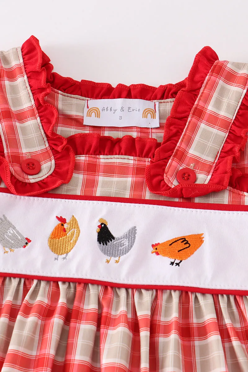 Red chicken embroidery plaid girl set