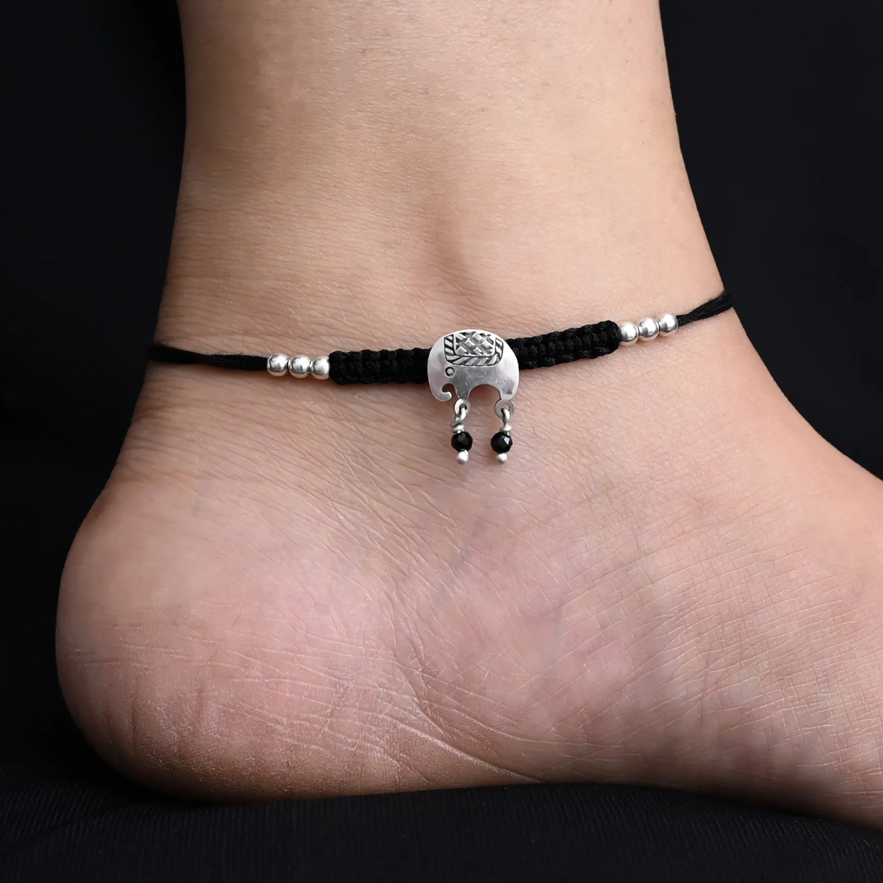 Silver Center Elephant with Silver and Black Beads Dhaga Payal for Girls